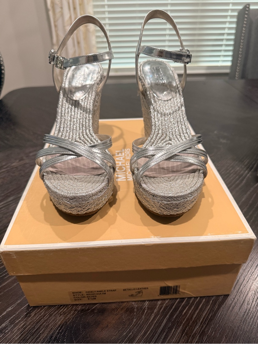 Michael Kors Metallic Silver Espadrille Wedge Sandals